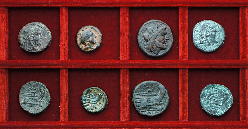 RRC 086 Q bronzes, RRC 86B anchor and Q semis, RRC 86 variety anonymous quadrans, Ahala collection, coins of the Roman Republic