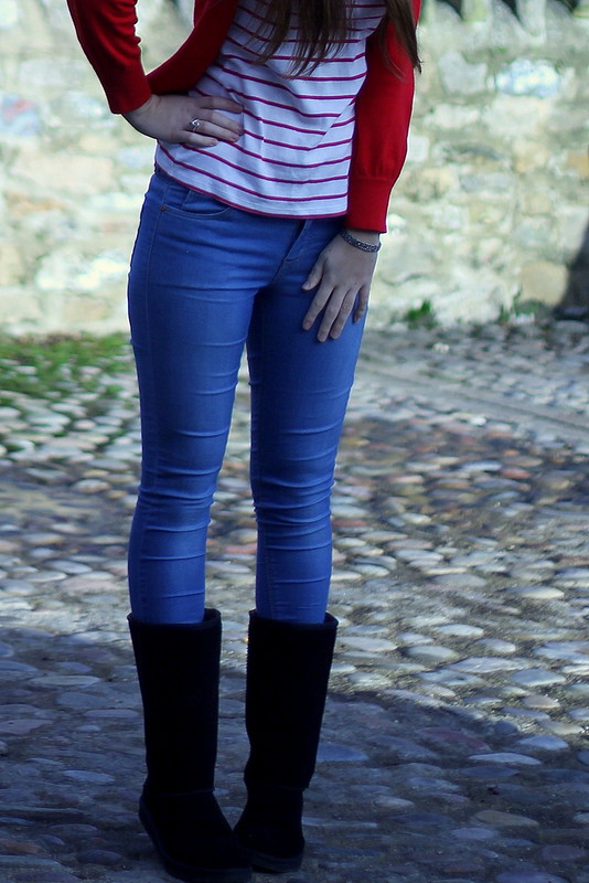 Red cardigan, Breton stripes top, Topshop jeans, black boots