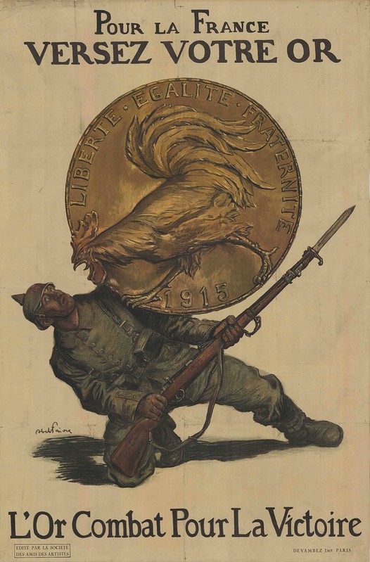 amusing illustration of cowering German soldier with absurd rooster trying to break out of huge gold medallion to peck him