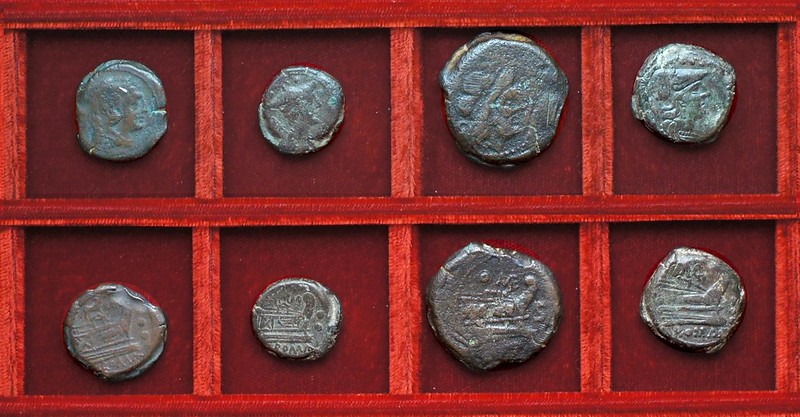 RRC 142 bull and MD Durmia bronzes, RRC 143 shield and MAE Maenia bronzes, Ahala collection, coins of the Roman Republic