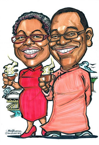 couple caricatures in Oriental costume for Exxonmobil