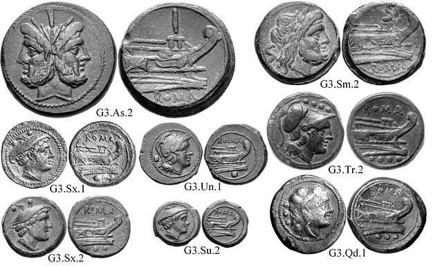 G3 Roman Republican Anonymous struck bronzes McCabe group G3, RRC56 Large Janus heads. Long slim near horizontal prowstem. 35 gram As