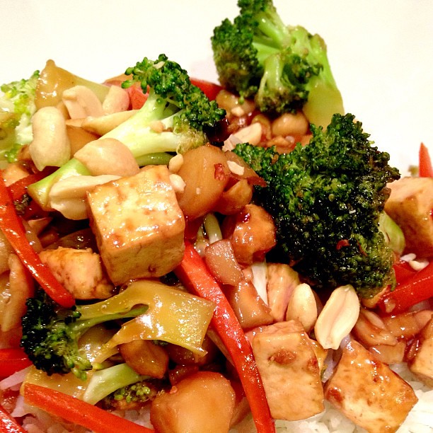 Dinner: Kung Pao Tofu with Broccoli, Carrots and Water Chestnuts over Jasmine Rice. #vegan
