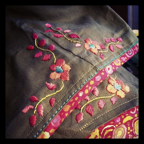My cheap WM pants getting the happy treatment. They were too short. Lengthened with Kaffe Fasset binding and embroidery inspired by lovely Mexican dresses. #embroidery