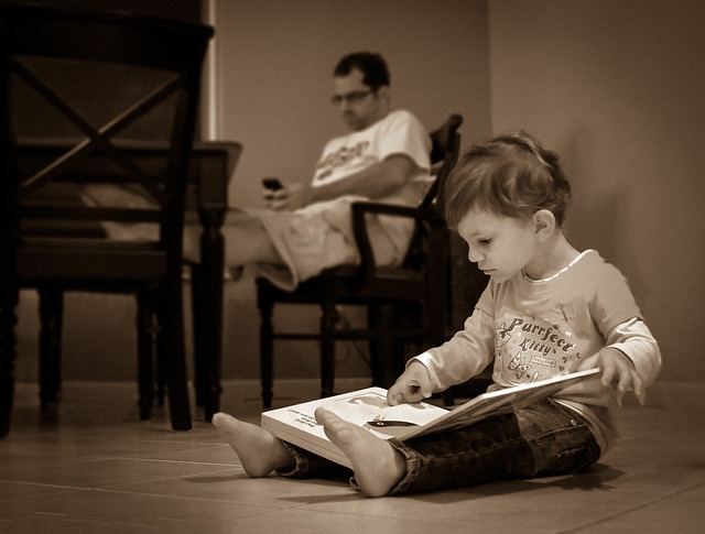 Child Reading, Child Portrait, iPhone, Sepia, Girl, Book, Father, Daughter
