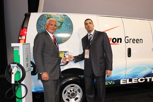 Bob Lutz (left), the legendary auto industry executive and father of GM's Chevy Volt, and Verizon VP of Fleet Ken Jack were on hand to unveil Verizon and VIA’s new fleet van from the Detroit floor show.