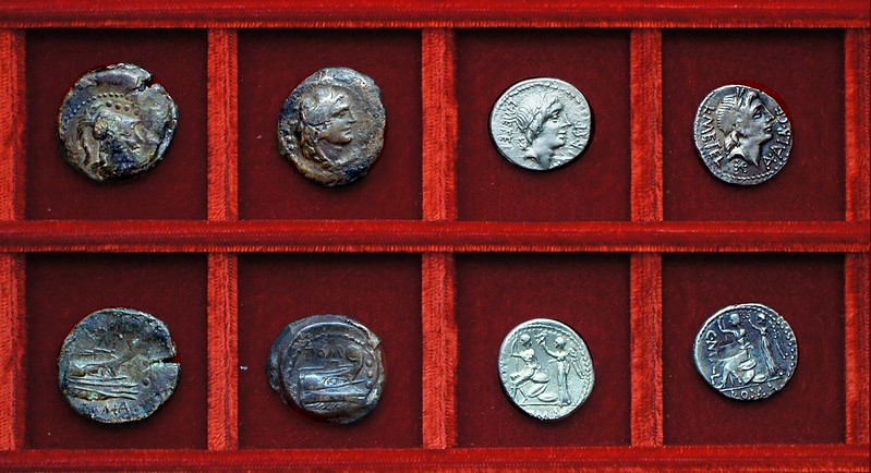 RRC 334 L.POMP Pomponia bronzes, RRC 335 L.METEL C.MALL A.ALB Caecilia Mallia Postumia denarii, Ahala collection, coins of the Roman Republic