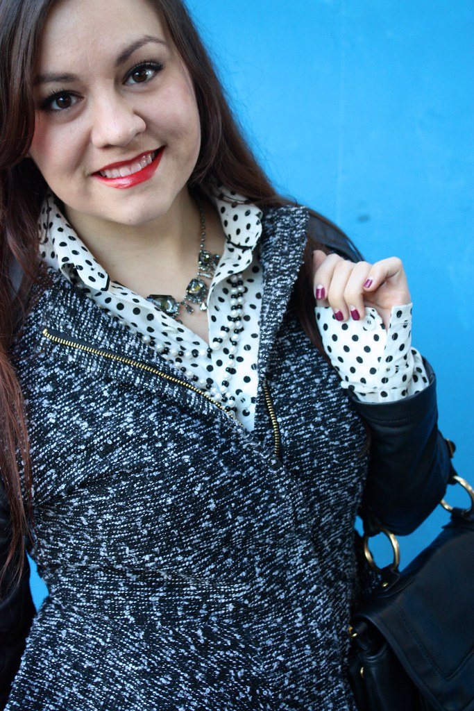 SF Bay Area Fashion & Style Blog - Black & white, polka dot shirt, tweed & leatherette peplum jacket, pearl necklace, gunmetal bejeweled necklace, maybelline super stay 10 stain gloss in cool coral, half moon manicure - 2013 outfit