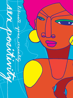 A colorful poster about sex-positivity by Rodriguez. Against a bright blue background, there is an abstract female figure with brown skin, pink hair, and large gold earrings next to the words Liberate Your Sexuality.