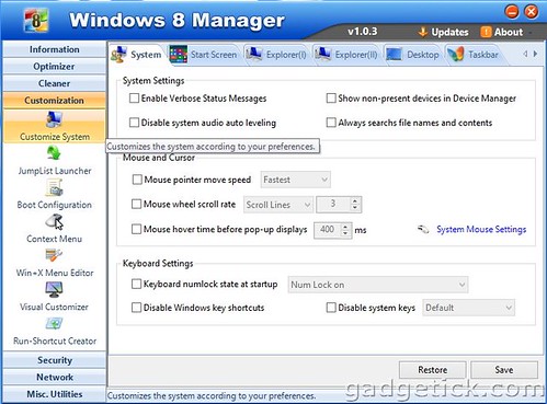 Настройка Windows 8 Manager