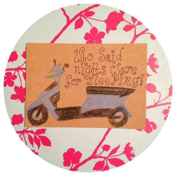 Day 12: what are you listening to! Not by choose I can hear a motorbike or quad bike but both looked impossible to draw so choose a moped! Well the proof is in the pudding, I can't draw that either!