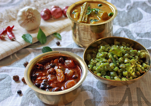 Meal with vatha kuzhambu, sambhar, poriyal