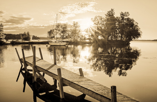 Sailboat, Dock, Sunrise, Reflection, Lake, Cove, Wisconsin