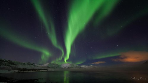Buksnesfjord, Andøya island, Norway, aurora and frosty smoke and a shooting star ay 17. feb 2013 