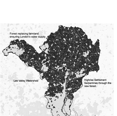 正常狀態下的地圖，顯示哈里森夫婦建 議，取消倫敦門戶計劃中的開發地區，改以里亞河谷為建立自給自足的聚落所在地，保護大倫敦區附近水源，同時避免泰晤士河沿岸的水患。