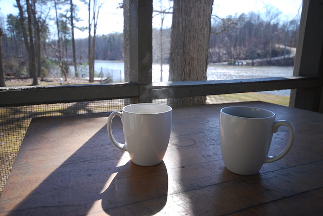Coffee in the screened porch at Cabin 6 Twin Lakes State Park