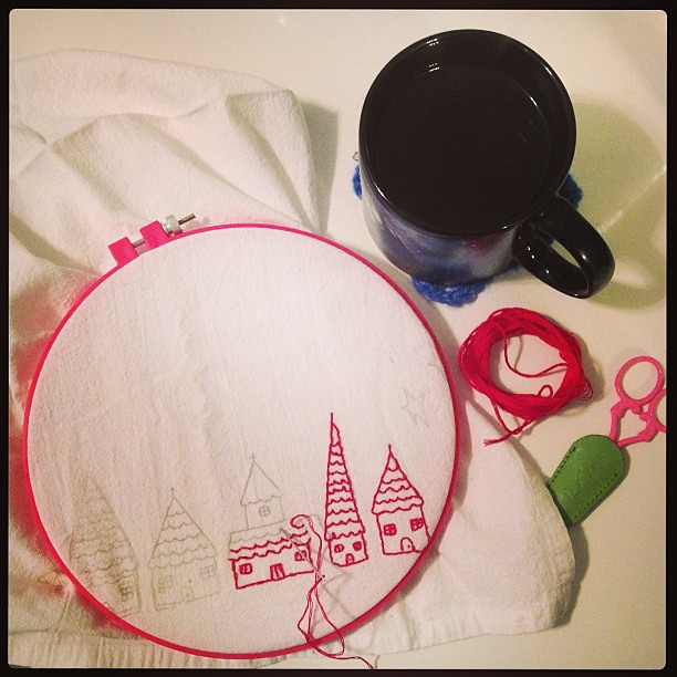 A lovely Sunday evening: tea, embroidery, and West Wing.