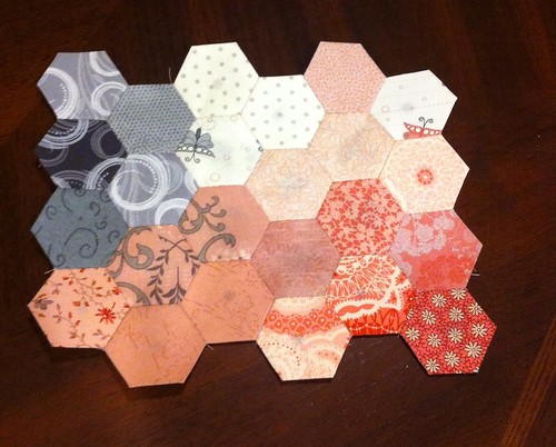 Pink and gray paper pieced hexagons