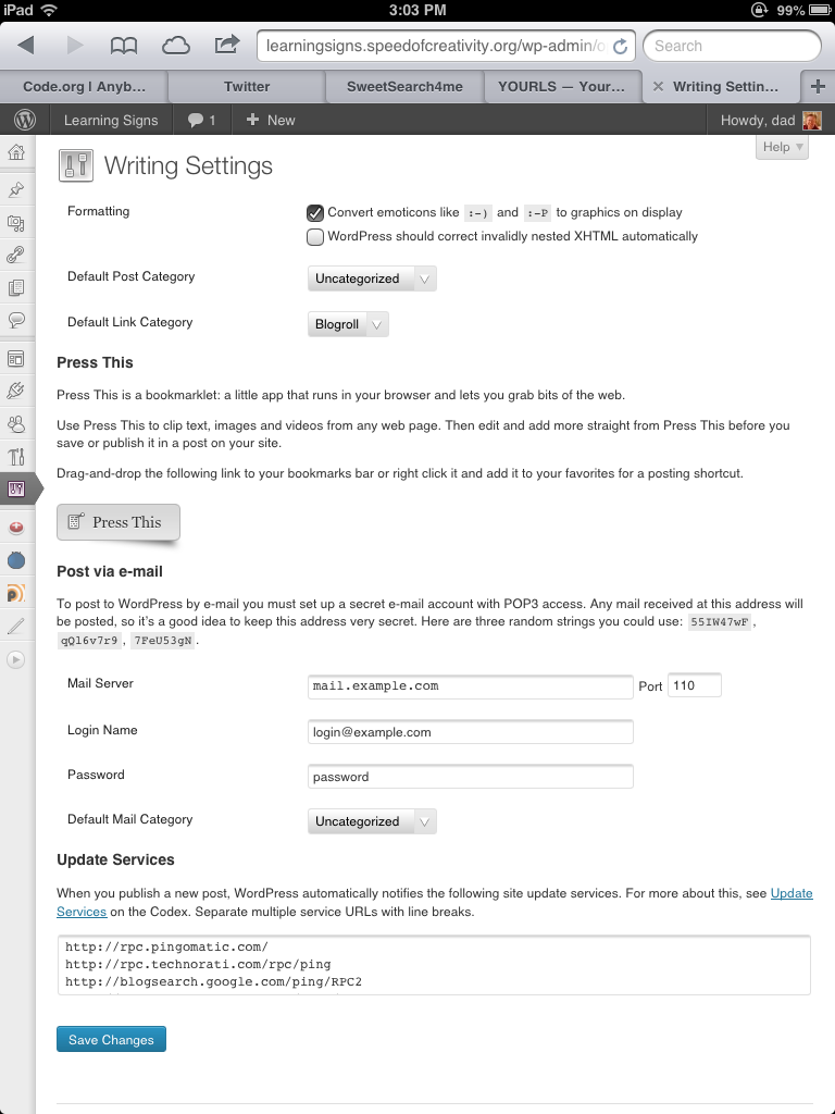 Default "Post by Email settings" for a self-hosted WordPress blog