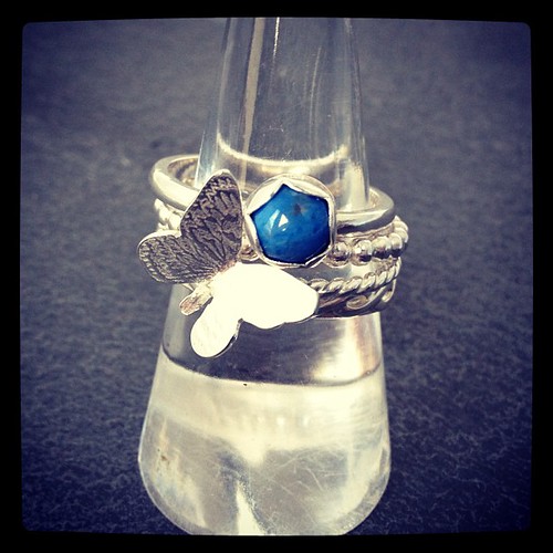 Commission stacking rings with 6mm denim lapis and hand pierced butterfly. #stacking rings#lapis #butterflies #handmade #silversmith #instajewelrygroup by Eve smith,silvermeadows.