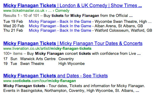 A Google search for Micky Flanagan tickets