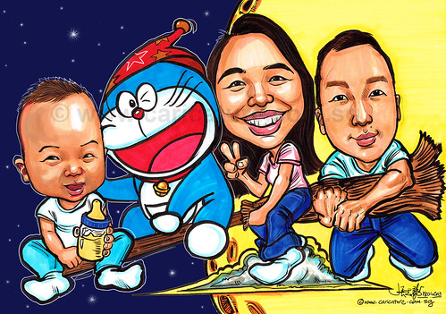 family caricatures with Doraemon