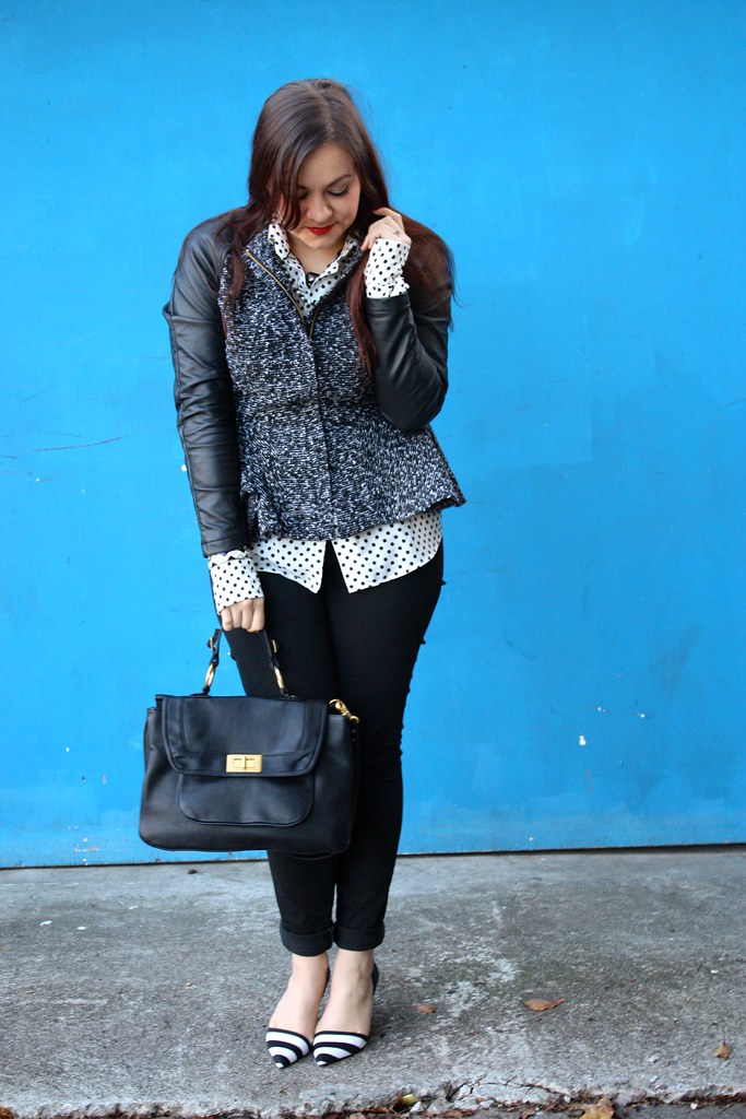 SF Bay Area Fashion & Style Blog - Black & white, polka dot shirt, zara striped heels, tweed & leatherette peplum jacket, rebecca minkoff covet bag, mabelline super stay 10 stain gloss in cool coral - 2013 outfit