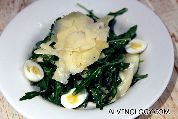 Asparagus, laguiole cheese and fennel salad - tossed with rocket leaves, quail eggs and citrus dressing (S$16)