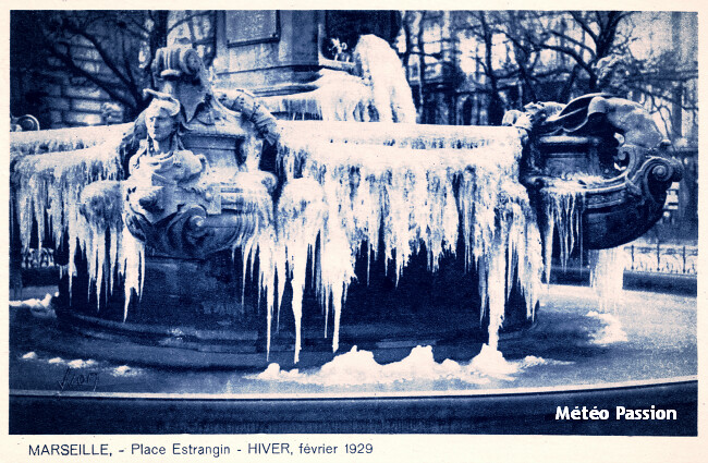 fontaine de l'Estrangin gelée à Marseille, lors de la vague de froid de février 1929 météopassion