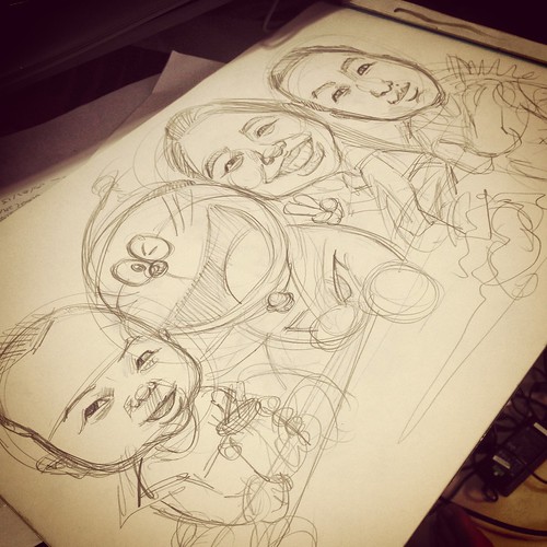 family caricatures with Doraemon pencil sketch