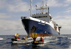 2011年4月10日，在抗議紐西蘭East Cape外海深海鑽碳的活動中，地震調查研究船Orient Explorer號正靠近紐西蘭綠色和平組織的橡皮艇。圖片來自：紐西蘭綠色和平/Malcolm Pullman。 