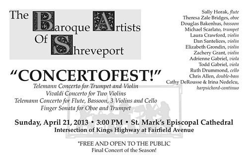Baroque Artists of Shreveport, Sun, Ap 21, 3 pm, St Mark's by trudeau