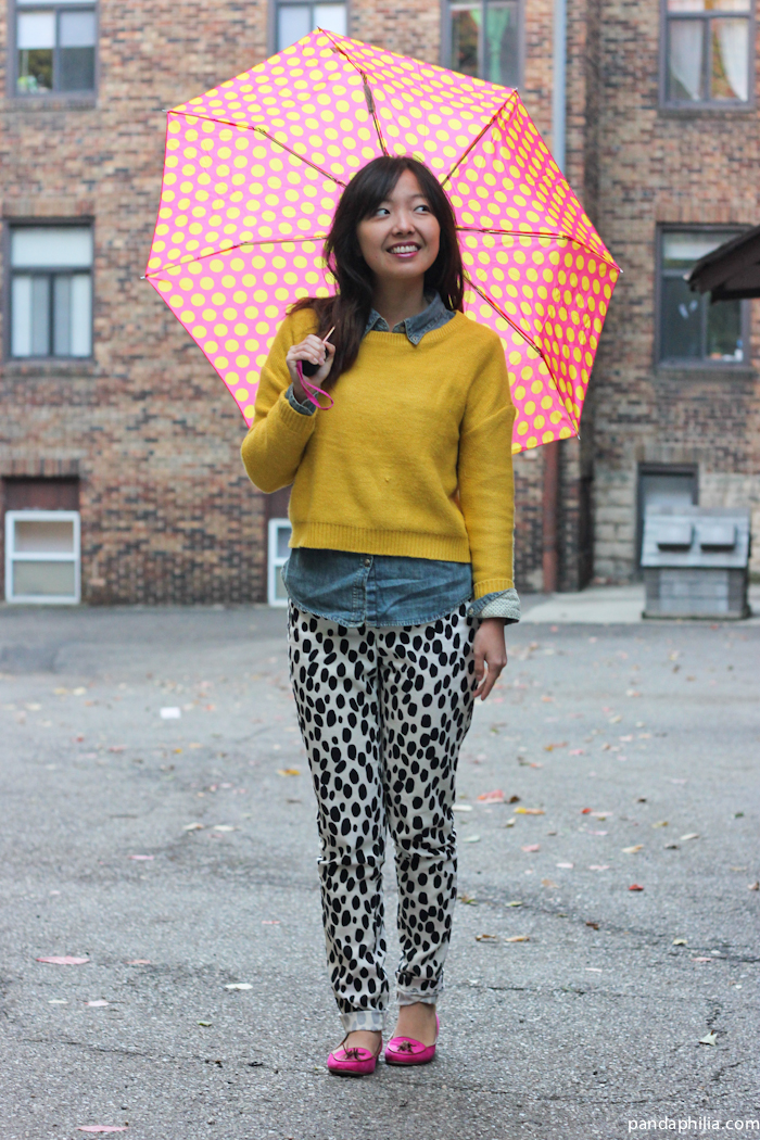 polka dot rainy day outfit