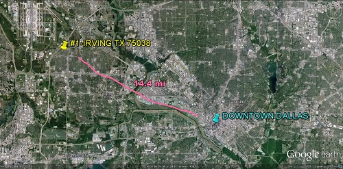 the Broadmoor Hills/Song section of Irving in relation to Dallas (via Google Earth)