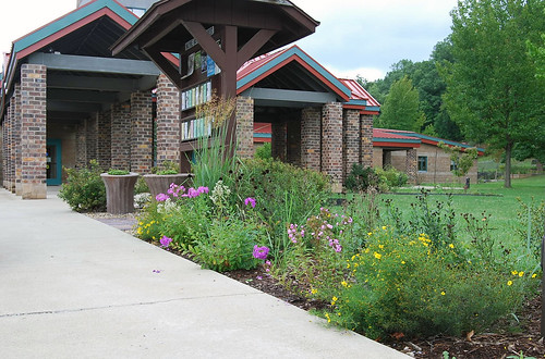 The front entrance garden on the Wayne National Forest includes Indian grass, St. John’s wort, woodland stonecrop, coreopsis, and other native plants. (U.S. Forest Service photo)
