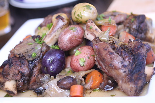 Beer Braised Lamb Shanks with Buttered Potatoes, Leeks, and Mushrooms