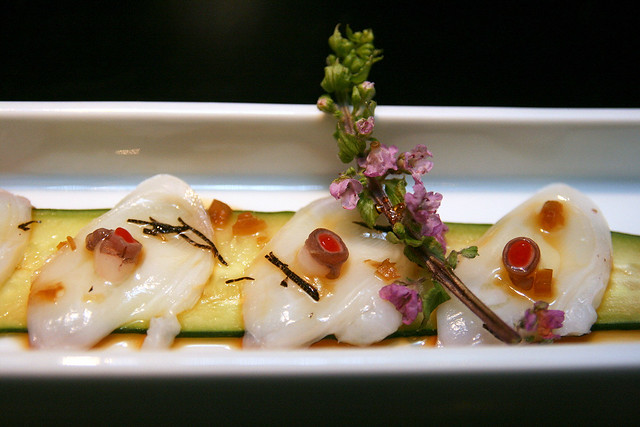 Octopus sashimi with Japanese Plum Shiso and Truffle Soya