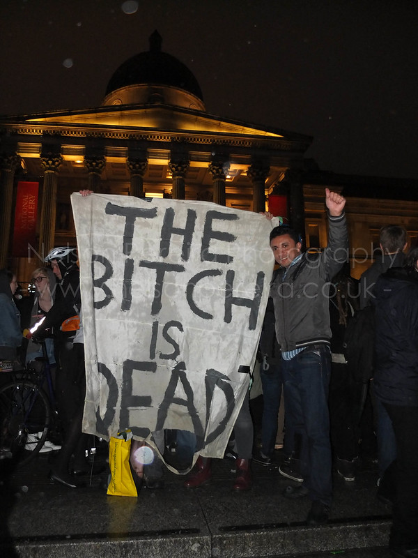 London, UK. Saturday 13th April 2013 Hundreds celebrate Margaret Thatcher’s death in Trafalgar Square, London.