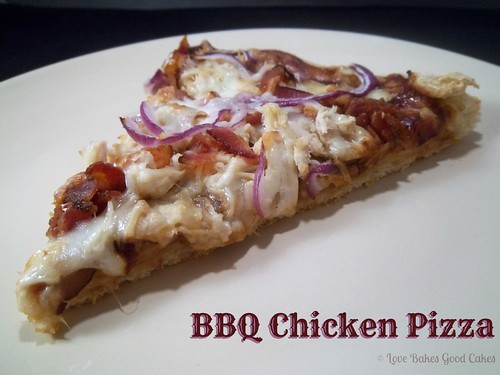 BBQ Chicken Pizza slice on white plate.