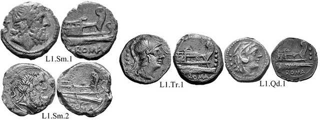 L1 Roman Republican Anonymous struck bronzes McCabe group L1, RRC 272. High relief narrow obverses. Peaked deck structures, gated area to left, rounded waves under prow. 15 gram As.