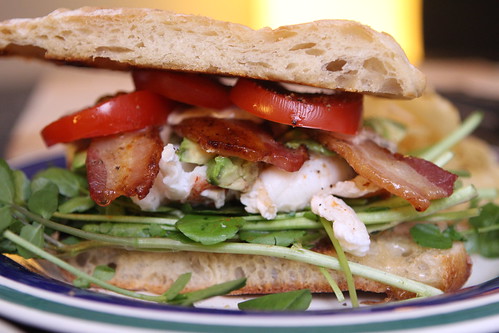 Lobster Club with Watercress, Bacon, and Avocado on Toasted Ciabatta