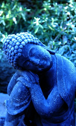 Meditative smile of the icy blue Buddha statue, A Garden for the Buddha, Seattle, Washington, USA by Wonderlane