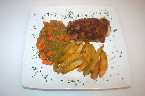 32 - Cordon bleu vom Kalb mit Kartoffelwedges & Buttergemüse / Veal cordon bleu with potato wedges & butter vegetables - Fertiges Gericht
