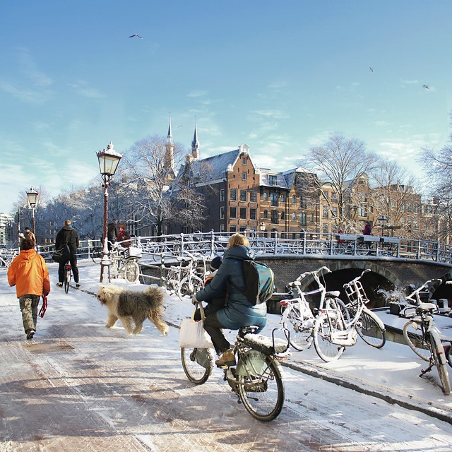 Icy road and bridge in Amsterdam