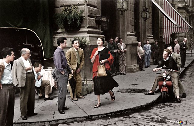 Ruth Orkin's 1951 "American Girl in Italy" - Piazza della Republica, Florence - 22/8/51 - (The girl, Ninalee "Jinx" Allen Craig was an art student that Orkin had met in Italy and although the shot was 'posed', it only took two exposures)
