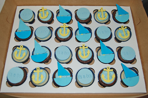 blue and yellow nautical themed baby shower cupcakes