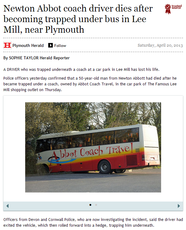 Newton Abbot coach driver dies after becoming trapped under bus in Lee Mill  near Plymouth   This is Plymouth