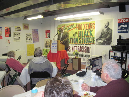 Abayomi Azikiwe, editor of the Pan-African News Wire, featured speaker at African American History Month public forum on Feb. 23, 2013. The talk focused on the Emancipation Proclamation and the Civil War. (Leona McElvene) by Pan-African News Wire File Photos