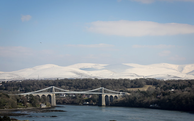 Menai Suspension Bridge and a Snowy Snowdonia