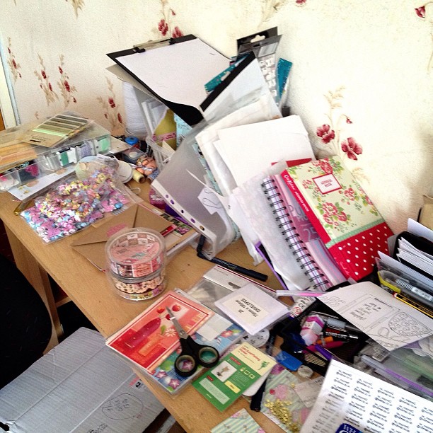 My desk right now! Yikes! My bed looks something similar as I'm having a serious tidy #mess #desk #disaster #bedroom #bombsite #goodness #howdiditgetlikethis